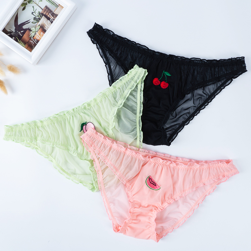 

Women Sexy Lace Lingerie Temptation Low-waist Panties Fruit Embroidery Female Transparent Briefs Seamless Sweet Girl Underpants, Black