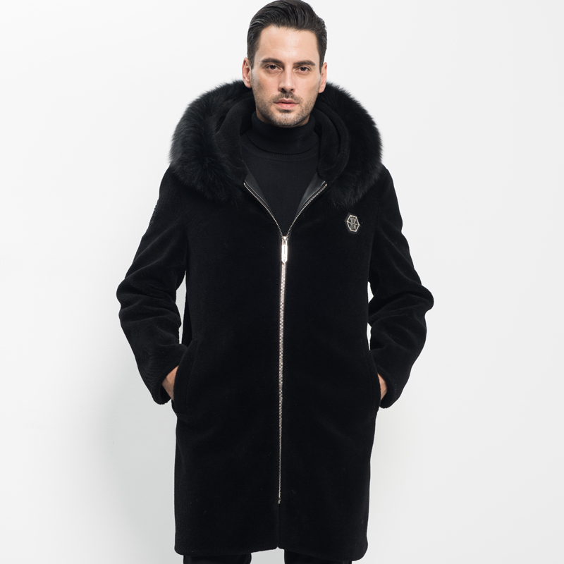 

Real Fur Coat Winter Jacket Men 2020 Hooded Sheep Shearling Coat Plus Size Fur Collar Jackets Veste Homme XZ17C0026 YY663, Black