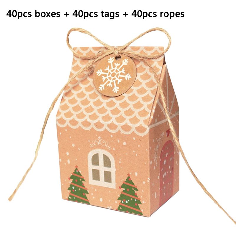 

5 Pcs Kraft Paper House Shape With Ropes Christmas Tree Candy Gift Bags Cookie Pouch Packaging Boxes