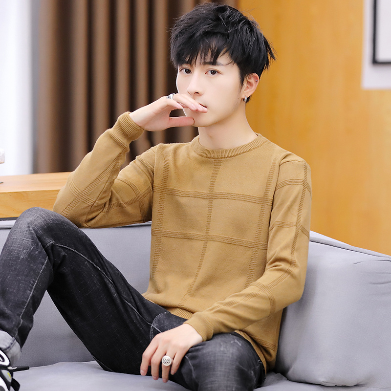 

Winter 2019 new men's thickened round - neck sweater men's sweater clothes, Beige