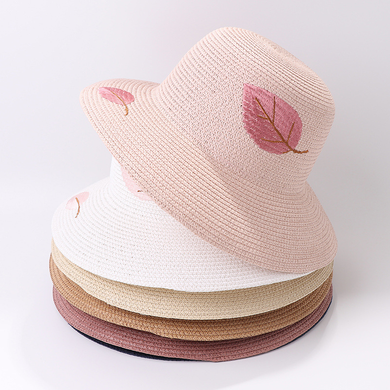 

Sunscreen sun hat female summer foldable hand-woven straw hat seaside beach Korean version Japanese embroidered panama, Khaki