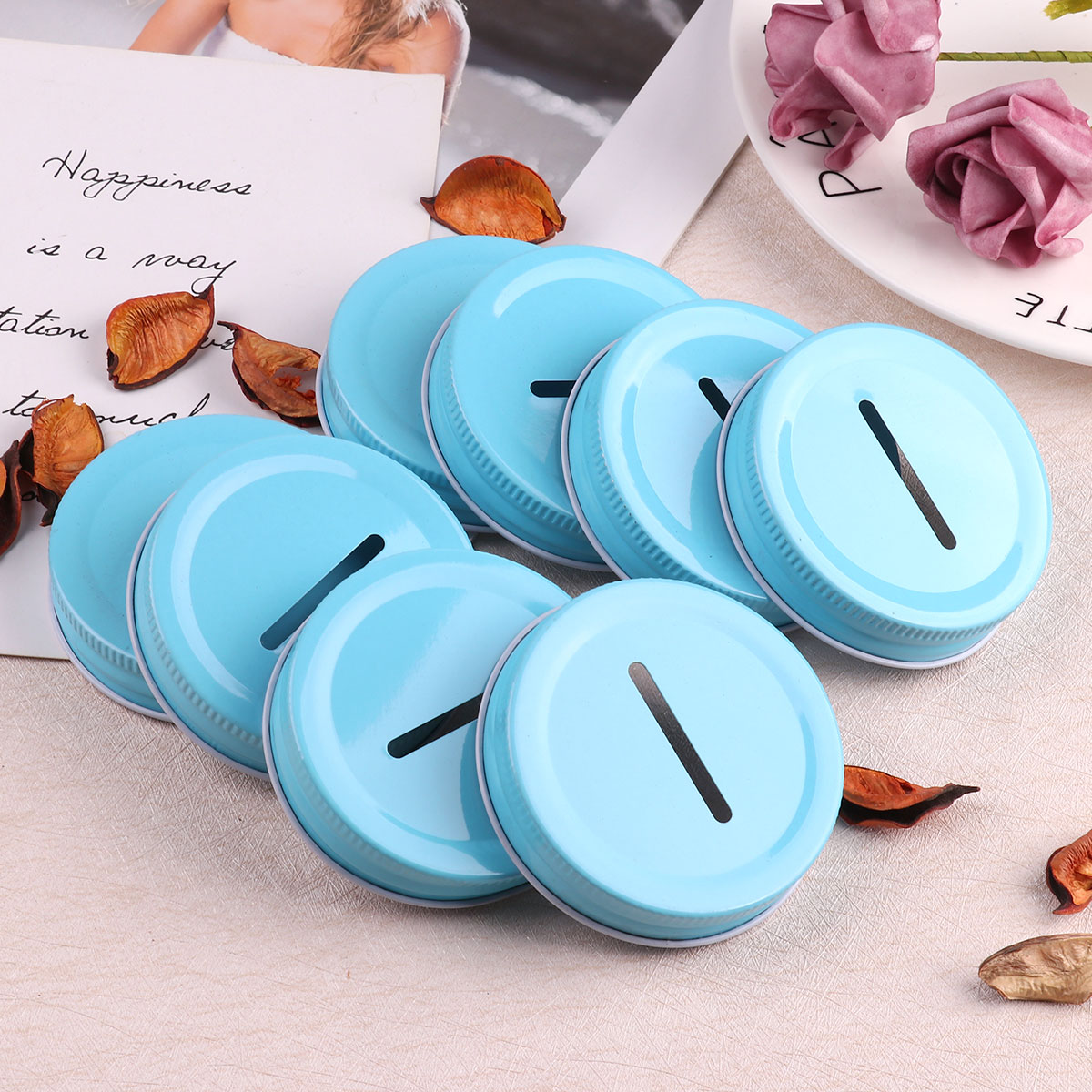

8 Pcs 70mm Polished Mason Jars Lids Stainless Steel Metal Piggy Bank Caps Coin Slot Bank Lid Canning Jar Inserts Wide Mouth Lids