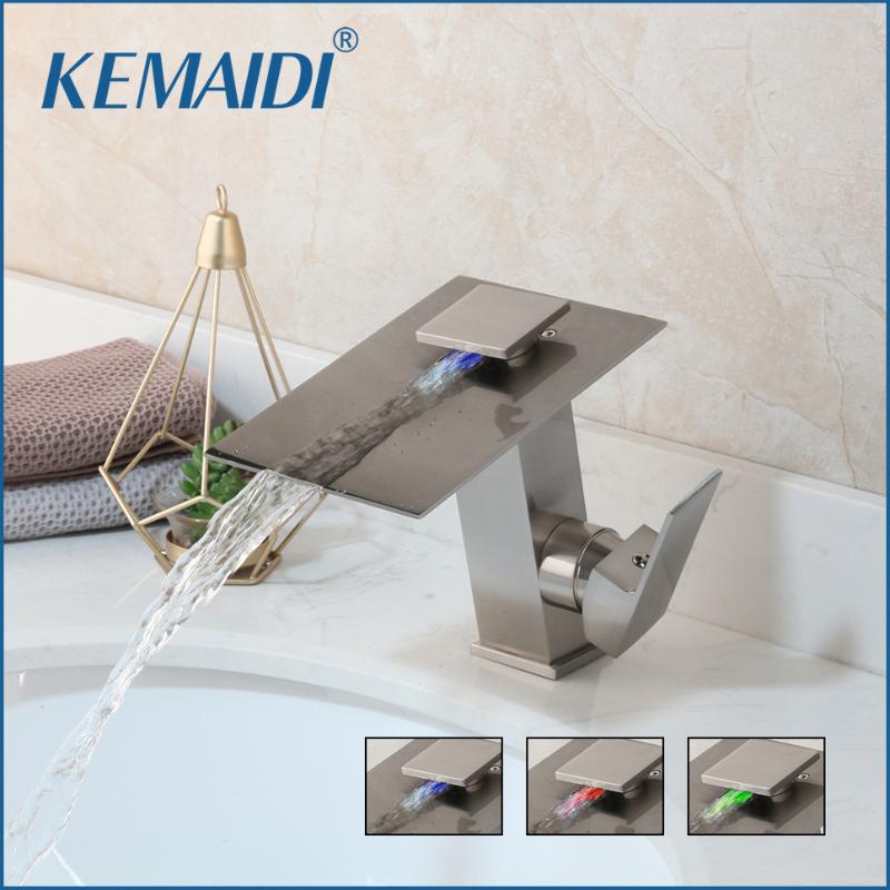 

KEMAIDI Bathroom Basin Faucet LED Waterfall Spout Sink Faucet Water Tap Single Handle Hot Cold Water torneira banheiro
