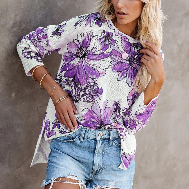 

Women Floral Knit Jumper T-Shirt Oversized Long Sleeve Sweater Crewneck Tops Harajuku Autumn Winter Women Long Sleeve Blusas, Khaki