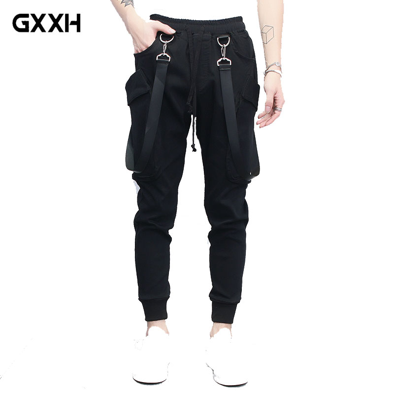 

New Men's Bib pants Wild Hip Hop Sling Feet Harem pants Male Korean version of the youth Casual Thin Section Slim Black