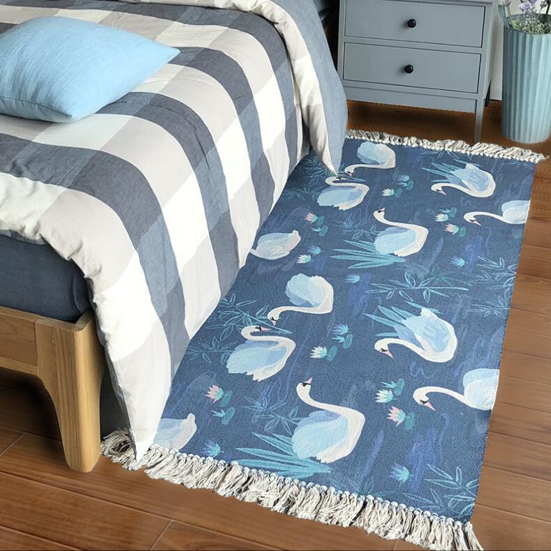 

Nordic Swan Printed Carpet Linen Tatami bedside Mats Cotton Line Mat Fringed Multi-function Carpet Doormat Rug for bedroom