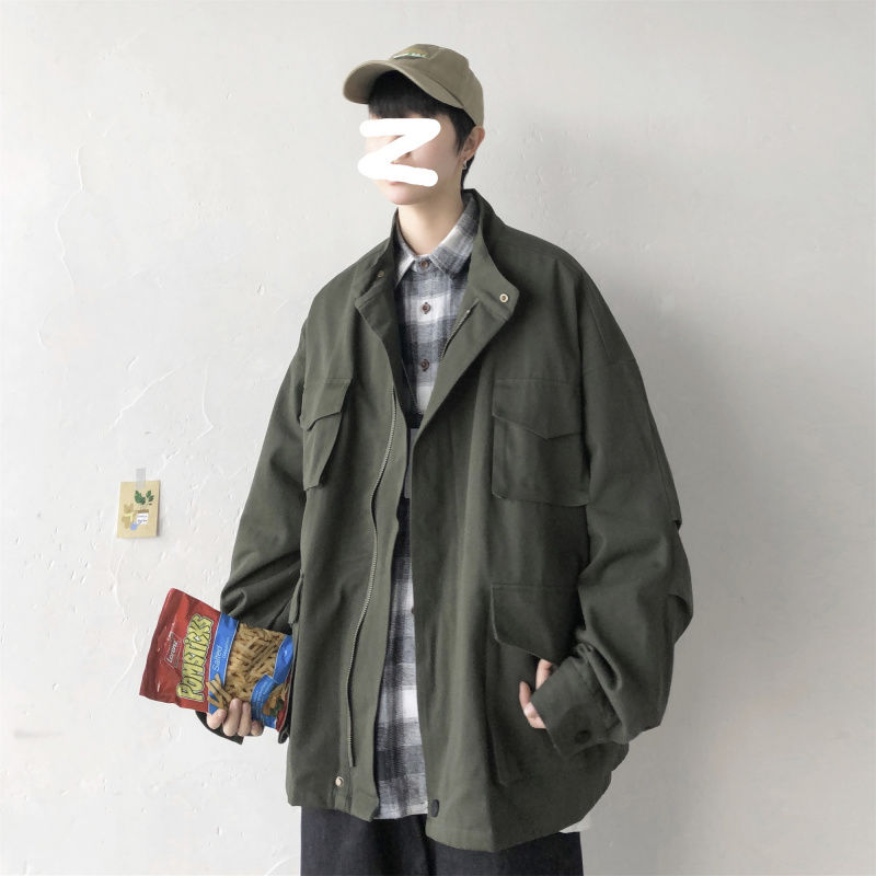 

Jackets Men Solid Double Zipper Pockets All-Match Chic Harajuku Mens Coat Turn-Down Collar Streetwear loose 2Xl Fashion L25, Black