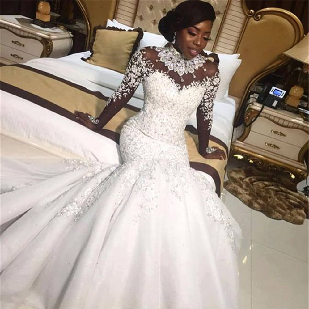 

Luxury Crystals African Mermaid Wedding Dresses 2020 Zipper Back Long Sleeve Heave Beaded Floor-Length Bride Dress Vestido De Noiva, White