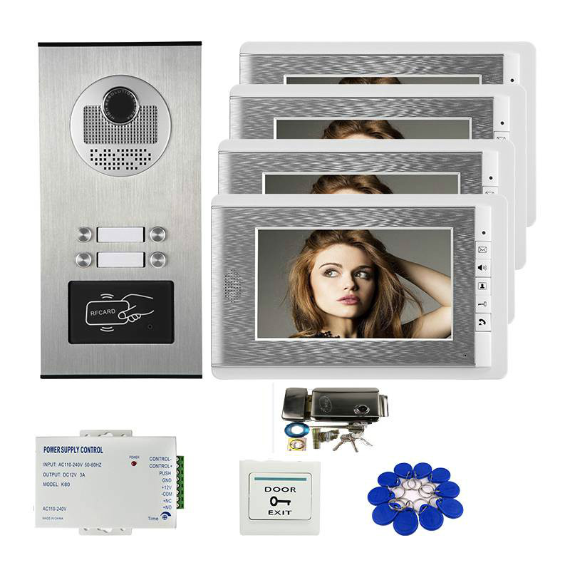 

Wired 7" Monitor Video Door Phone Intercom System + RFID Access Doorbell Camera for 4 Family Apartment Electric Lock Free Ship