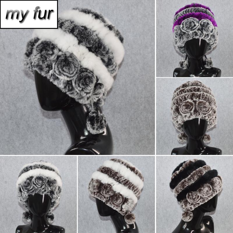 

New Flowers Winter Women Genuine Rex Fur Hats Real Rex Fur Caps 2020 Cotton Lining Real Beanies Hat, Color 8