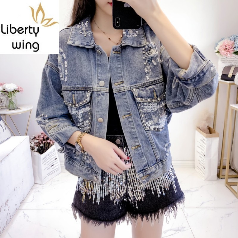

Fashion Sequined Denim Coat Women Loose Vintage Spring Single Breasted Cowgirl Streetwear Long Sleeve Blue Jean Jacket