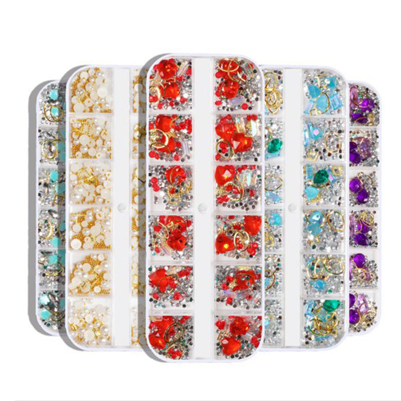 

12 Grids Colorful Crystal Alien Rivet Pearl Mixed Pack Nail Stones Beads Studs Flat Back Shiny Tips 3D Nails Art Decorations