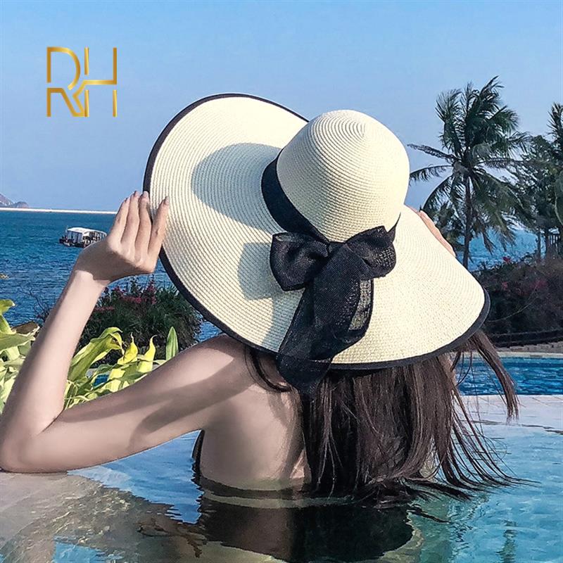 

female Hat summer wide brim straw hat foldable summer beach sun protection black piping big ladies sun with bowknot, Navy-black edge