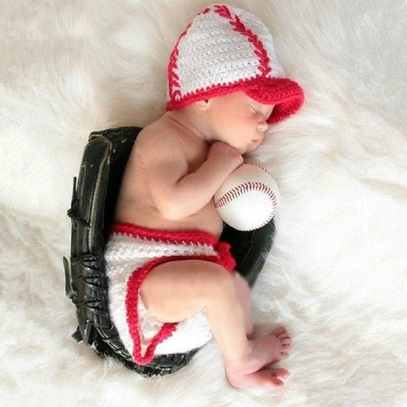 

Newborn Photography Props Baby Boy Photo Shoot Crochet Baseball Hat+Pant Outfit Costume Infant Fotografia Accessories Clothes, White