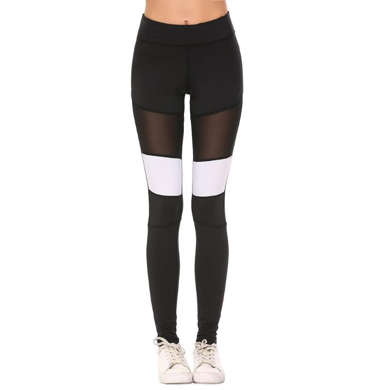 

High Women Contrast Waist Color Patchwork Mesh Yoga Slim Pants, Black