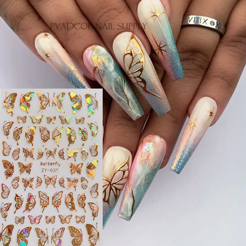 

Laser Gold Butterfly 3D Nail Art Stickers Decal Holographic Butterflies Self Adhesive Nail Decals Decoration Tool, B111-2