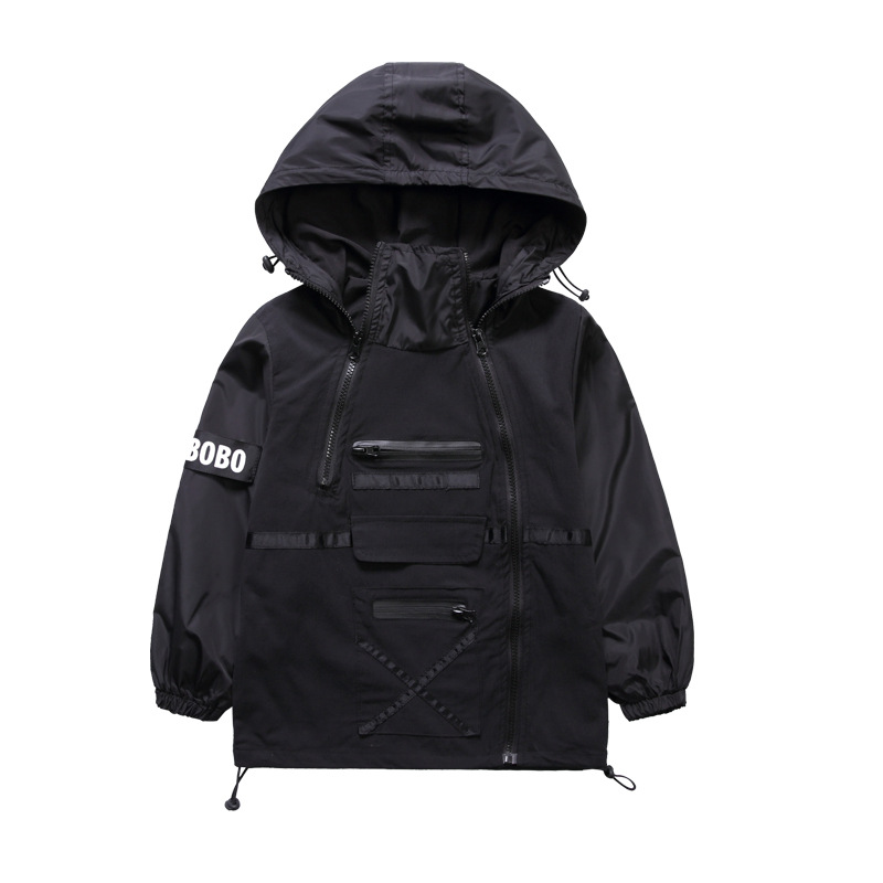 

Teenager Trench Coats Boy Children Outerwear Coat Patchwork Jackets Letter Printed Boys Hooded Windproof Kids Jacket Windbreaker, Black