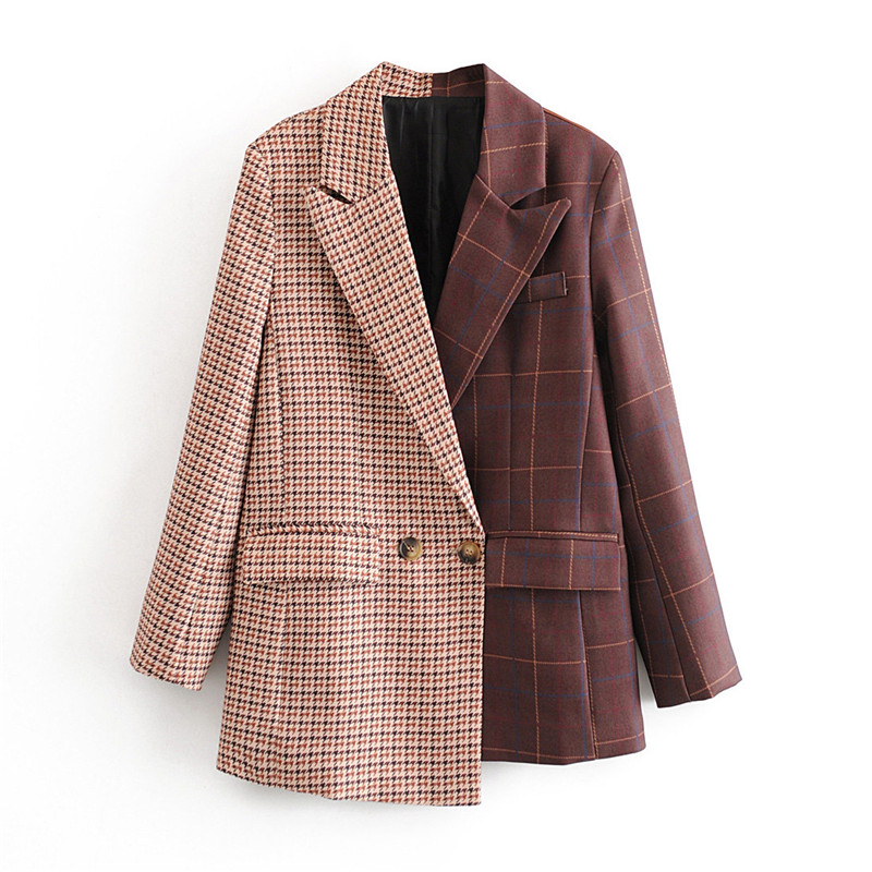 

Stylish Patchwork Plaid Irregular suit Blazer Coat Women Notched Collar Long Sleeve Blazers Female Outerwear Chic Tops, As picture