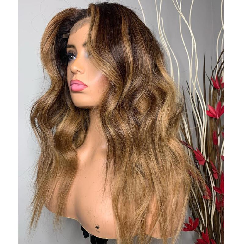 

Ombre Wavy Lace Front Human Hair Wigs with Baby Hair 360 Frontal Honey Brown Glueless Silk Top Full Lace Wigs for Women, U part wig