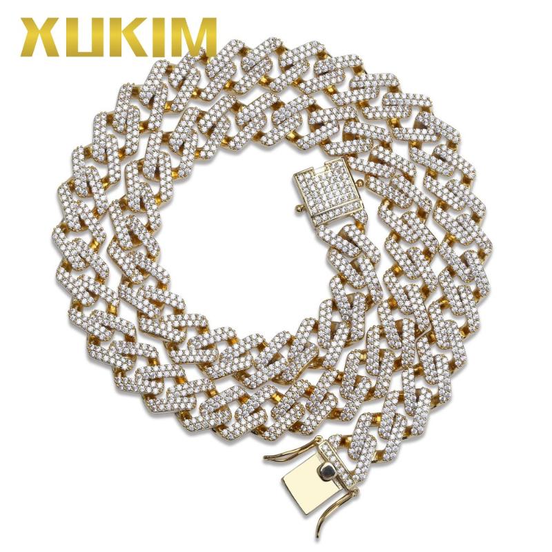 

Xukim Jewelry Wholesale 14mm Miami Cuban Chain Necklace Gold Silver Color Zircon Iced Out Hip Hop Jewelry Rapper Party Gift