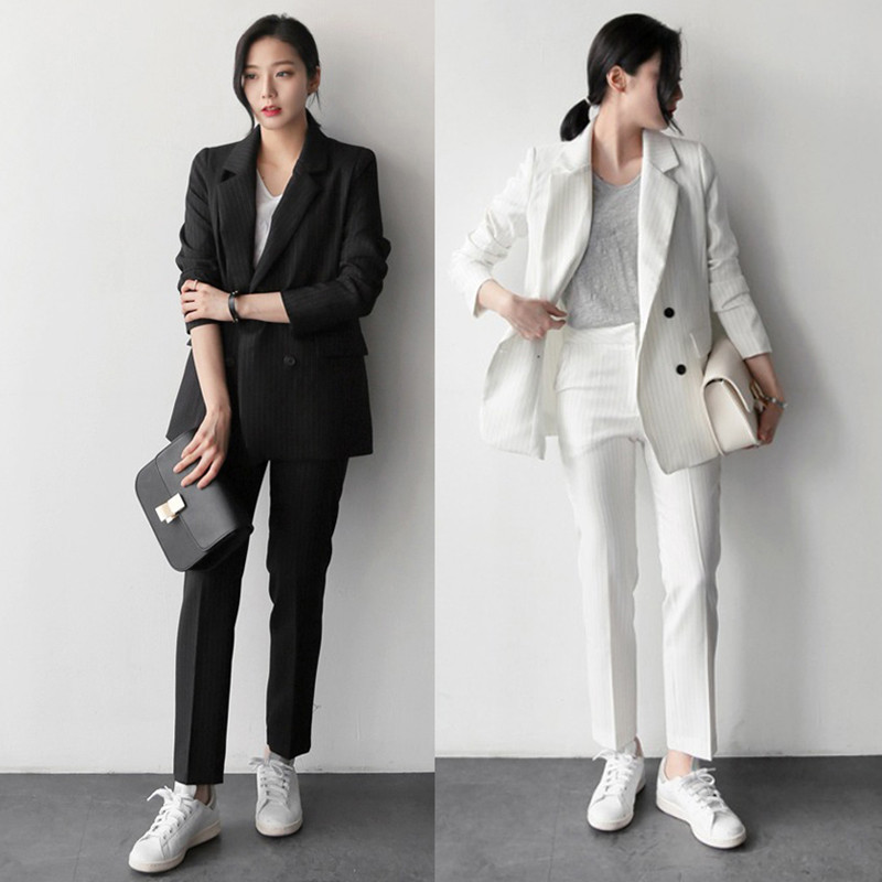 

2020 Fashion 2 Piece Sets Pant Suits Double Breasted Stripe Blazer Jacket And Straight Pant Office Women Outfits, Black