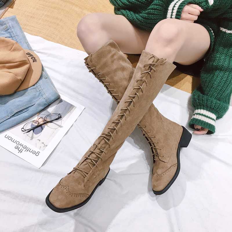 

Brand Sexy Luxury Women Motorcycle Boots Cross-tied Female Knee-high Lace-up Female Winter Leather Boots High Heels, Black