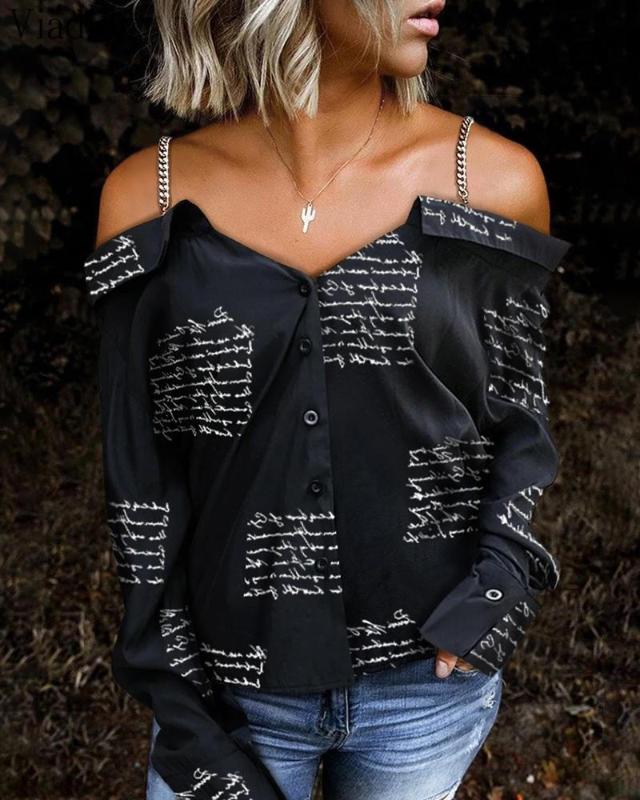 

Women Sexy Letter Print Chain Strap Button Design Shirt Elegant Blouse, Black