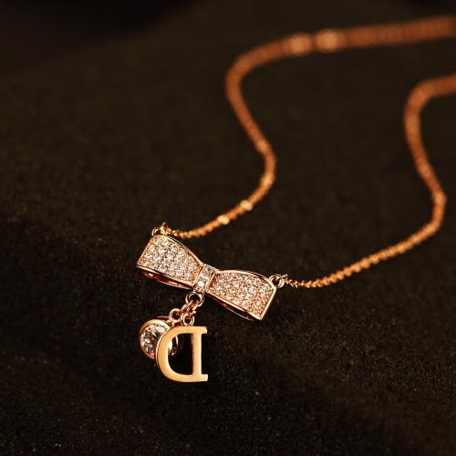 

High quality rose gold plated pendants&necklaces for women rhinestone bowknot necklace letter D N00059