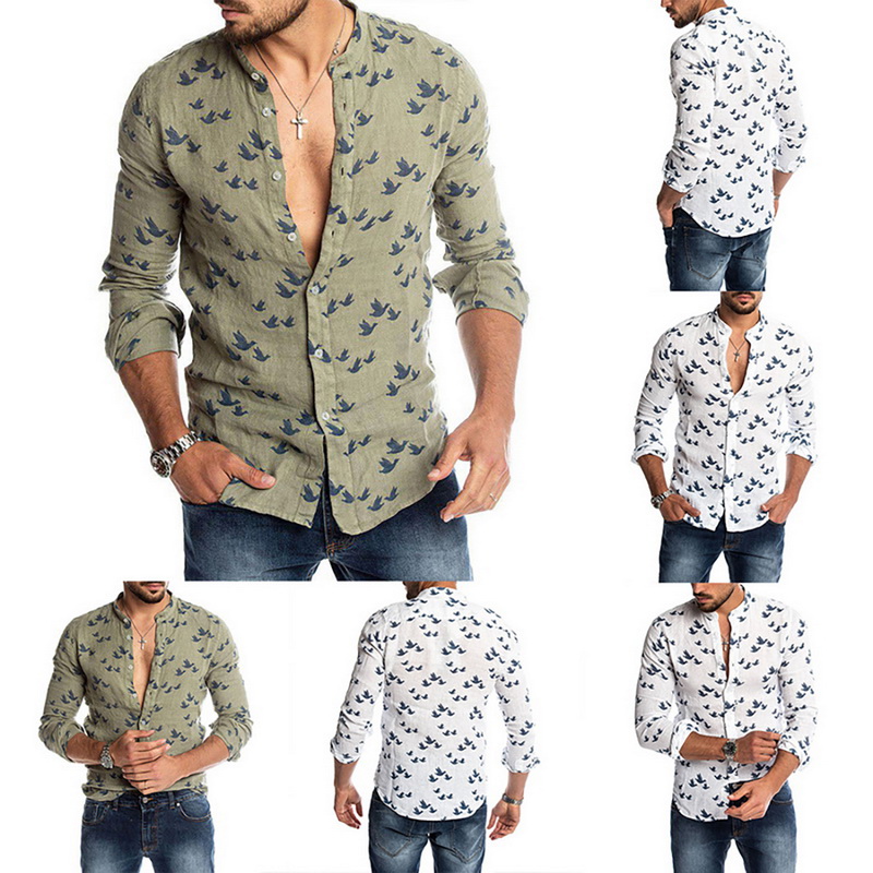 

Men's Casual Hawaii Shirts bird Pattern Print Long Sleeve stand Collar Men Shirt Tops -3XL Men Breathable Loose Shirt Plus Size, White