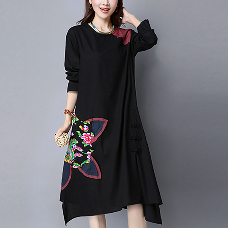 

Women Fashion Long Sleeve Round Collar Dress Chinese Style Vintage Casual Elegant Comfort Baggy Cotton Lady Maxi Dress Plus Size, Black