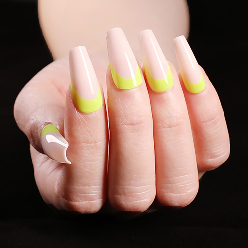 

24pcs Long Style Ballet French Opposite Fluorescent Yellow Fake Nails Girls Wearable Manicure Hands Decoration fake nails tips, As