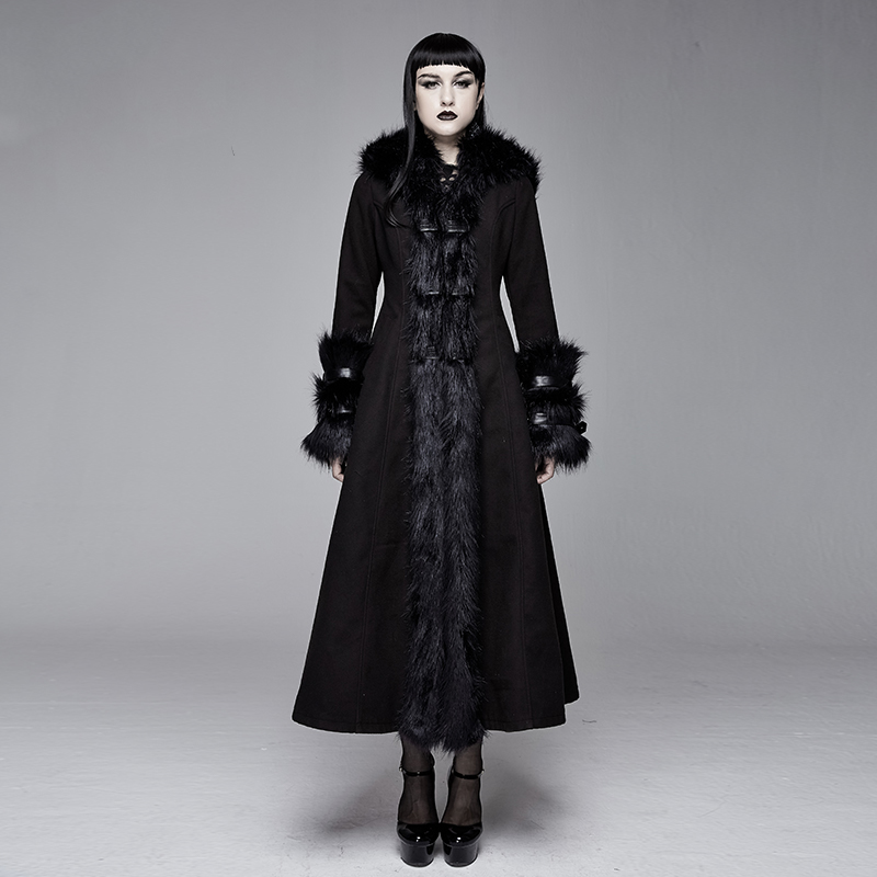 

Winter Black Long Jacket Hooded Patchwork Wool Gothic Vintage Coats And Jackets Women