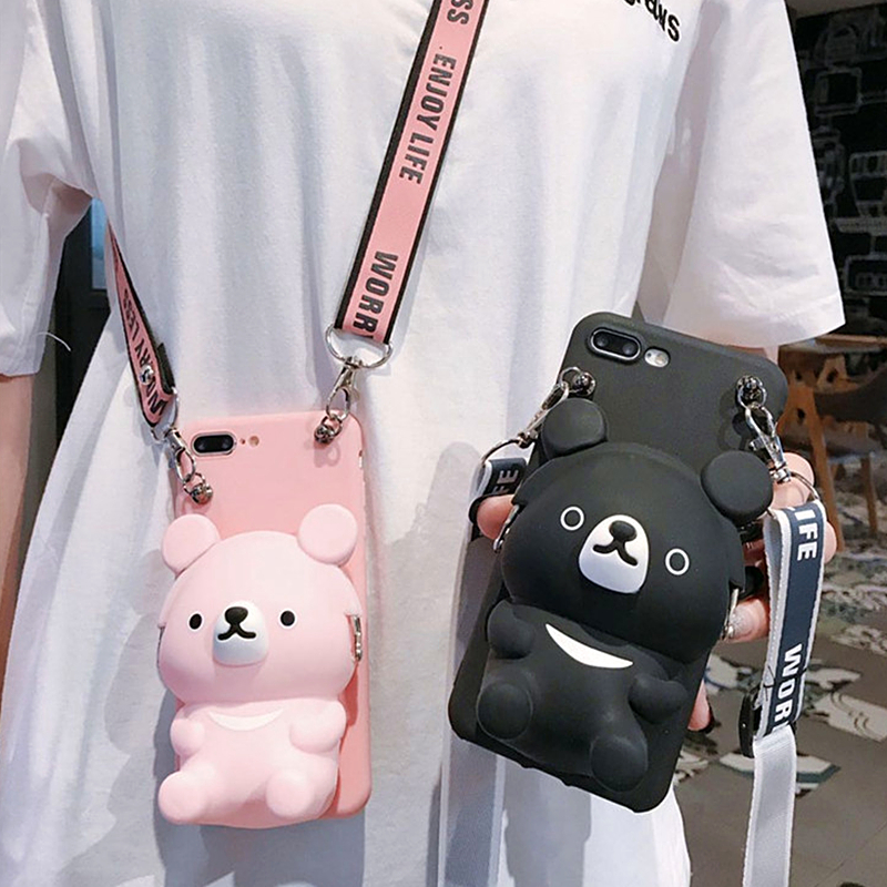 

Cute 3D Cartoon Bear Wallet Phone Case For iphone 8Plus 11Pro 6 7 8 X XS Max XR Card Lanyard Mobile Soft Silicone Phone bag Para, Black with strap