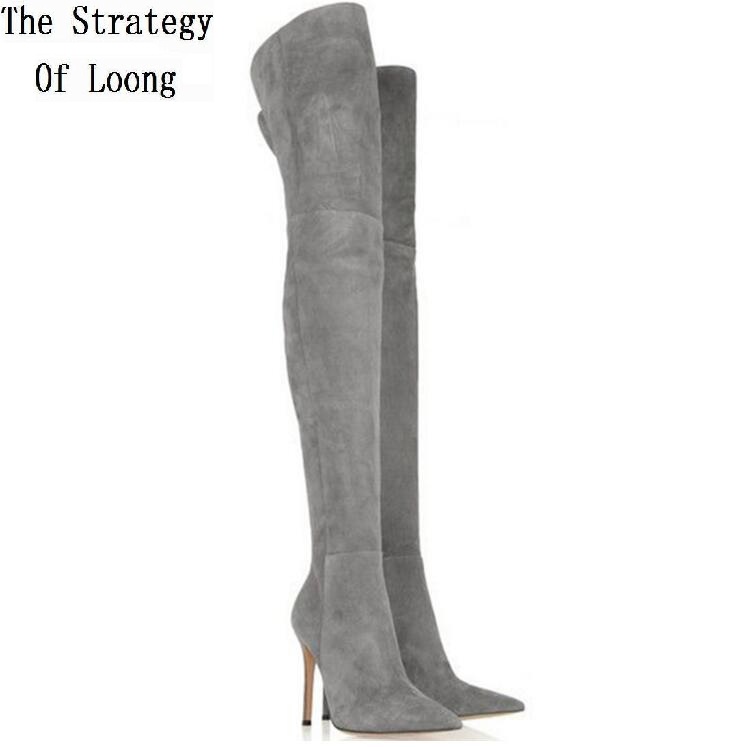 

Spring Autumn Slim Fashion Plus Size 41 42 Women Over-the-Knee Long Stretch Boots Ladies Super High Heels Handmade Boots 2003005, Gray