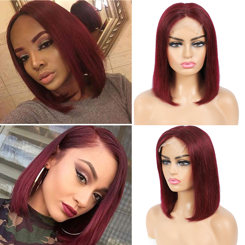 

99J RedWine Lace Closure Wig Brazilian Straight 4x4 Human Hair Wigs For Black Women Pre Plucked Short bob Lace Hair Wig SOKU, #99j