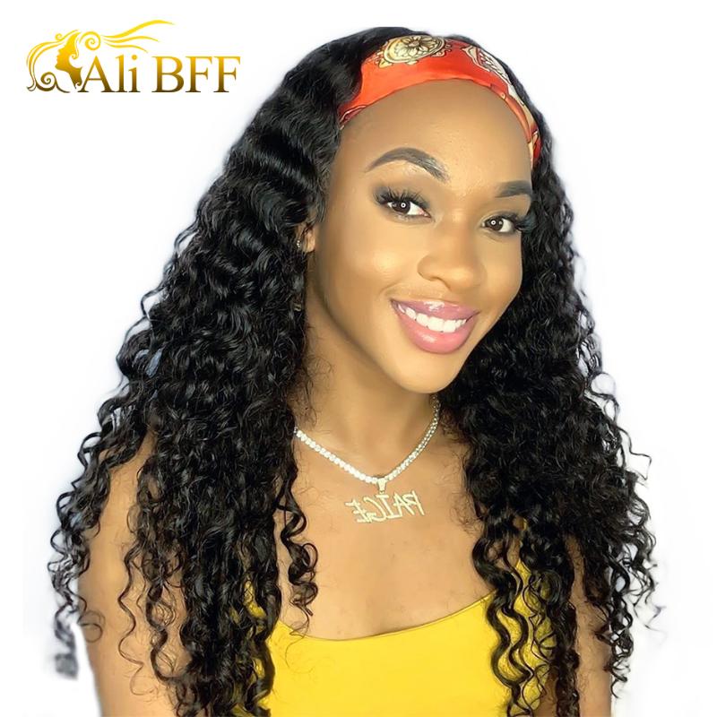 

Brazilian Deep Wave Wig Headband Wig Natural Color 180% Density ALI BFF HAIR Curly Wave Human Hair Wigs Scarf For Women, As pic