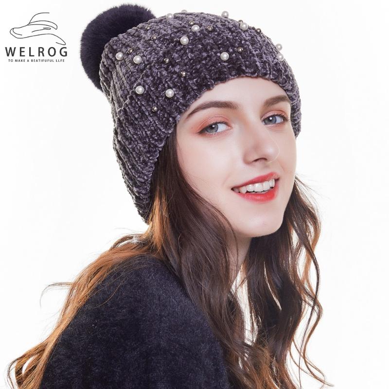 

WELROG New Women Chenille Beanies Winter Hat with Pompoms Solid Soft Keep Warmer Pearls Elastic knitted Pom Ball Skullies Gorros, White