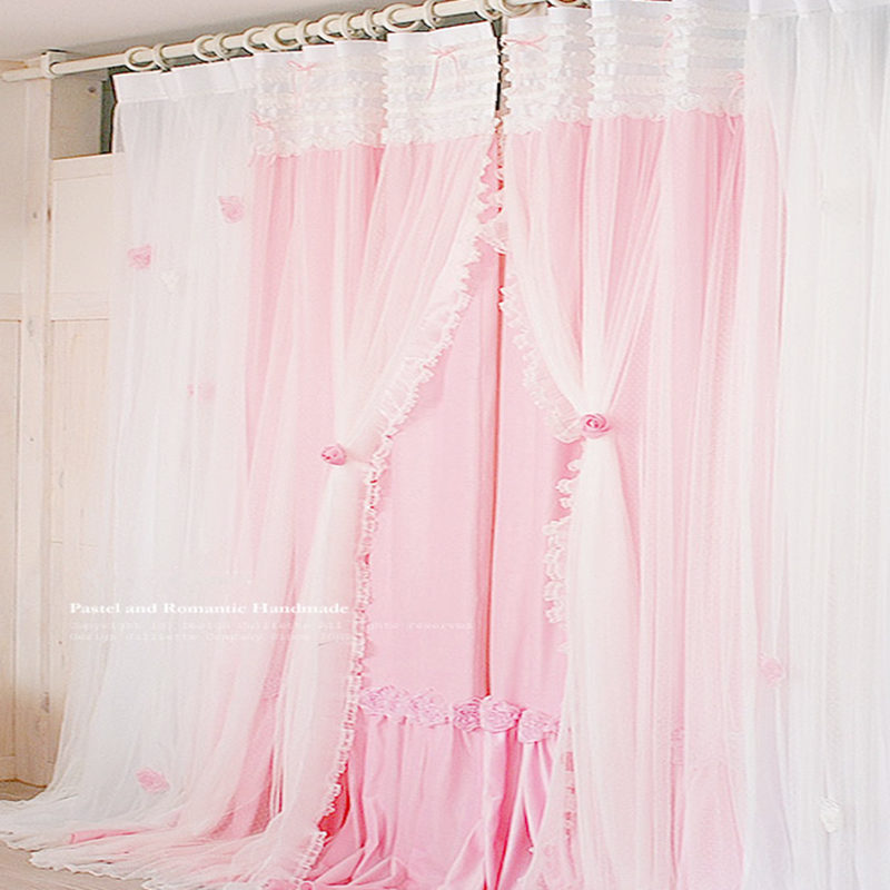 

Romantic Princess lace curtains for living room bedroom 2 layers sweet cotton cloth with yarn curtain wedding decoration cortina, Pink style
