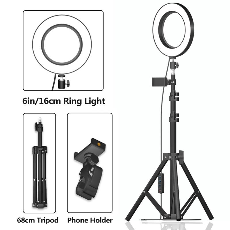 

6incj/16cm LED Fill Ring Light for Photography Live Streaming YouTube Video with Tripod Head Phone Holder 68cm Tripod Stand