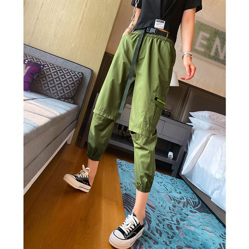 

Casual pants women' wild 2020 summer new women' Korean version of fashion ripped feet overalls thin high waist street, Black