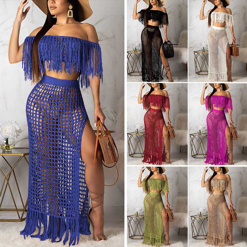 

Women Sexy Hollow Out Mesh Tassel Perspective Tops & Skirts Sets Outfits, Red