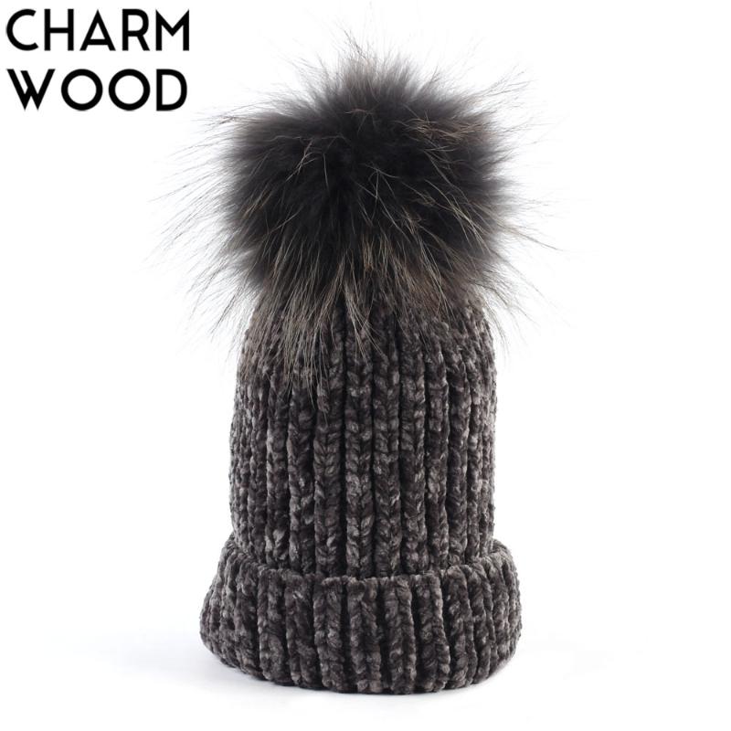 

Women's Beanie Hat with Raccoon Pompom Winter Knitted Velour Slouchy Beanie for Women Female Skullies with Real Fur Pompom, Pink a
