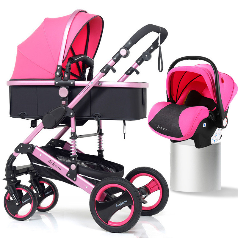 

Luxury 3 in 1 Baby Stroller High Landscape Baby Stroller 3 in 1 Travel Pram Reversible Trolley Pink with Car Seat