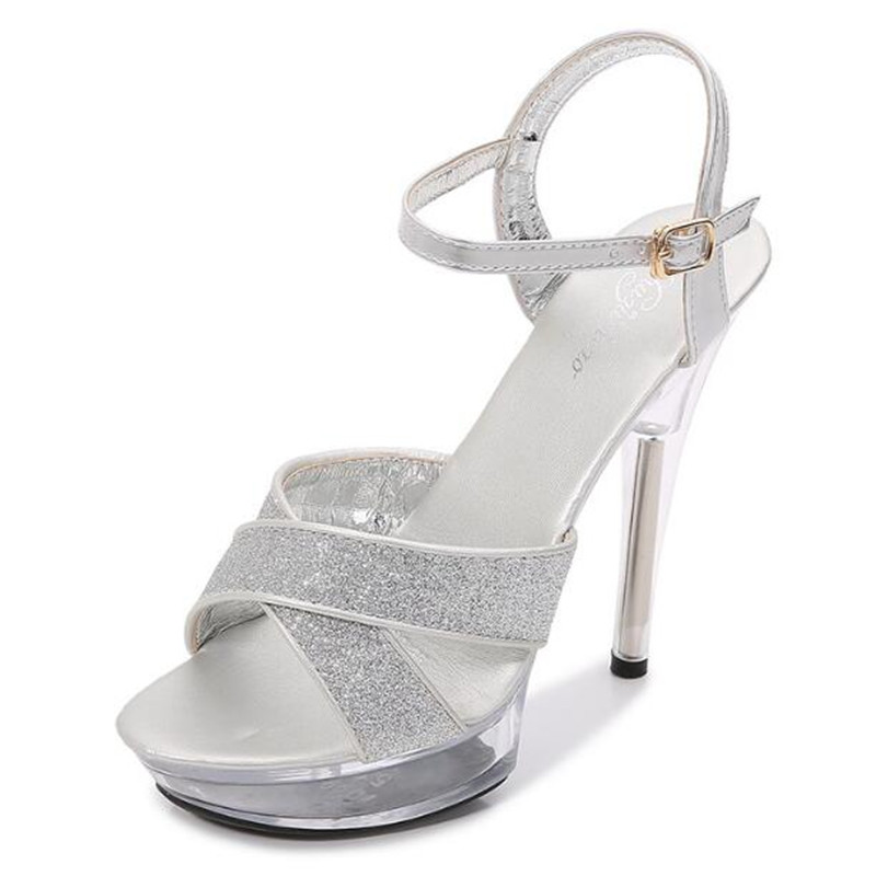 

Walking Show 12.5CM Thin high-heeled Women Sandals Sequined Cloth Buckle Strap Open Toed waterproof platform Wedding women shoes, 13cm