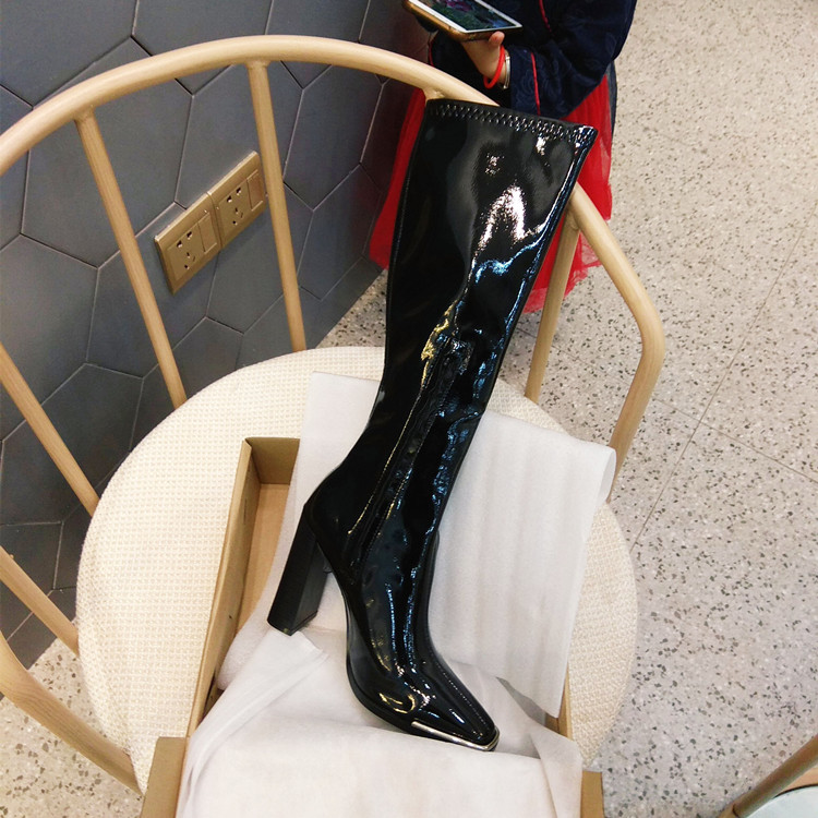 

Black Knight Boots Women Pointed Toe Chunky Heels Knee High Boots Fashion Patent Leather Back Zip Long Woman 7CM Fur, 7cm fur linning