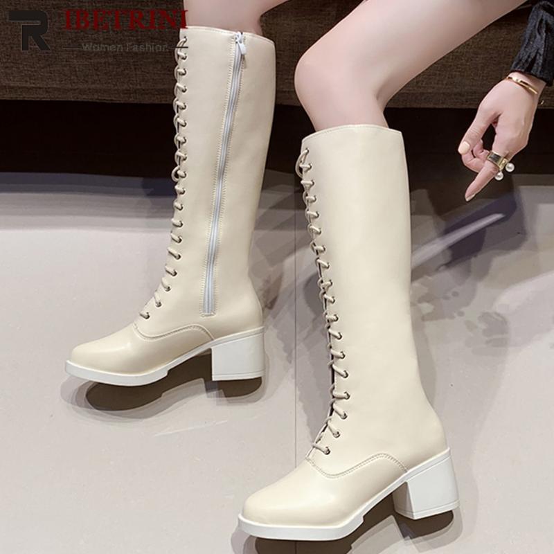 

RIBETRINI Women Solid Round Toe Lace Up Mid Calf Shoes Women Casual Party Daily Boots Fashion Brand Designer Boots, Black