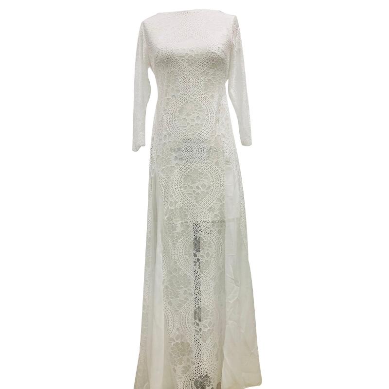 

Women Sexy Backless Lace Dress Fashion Long Sleeve See-through Dress for Party Ball, White