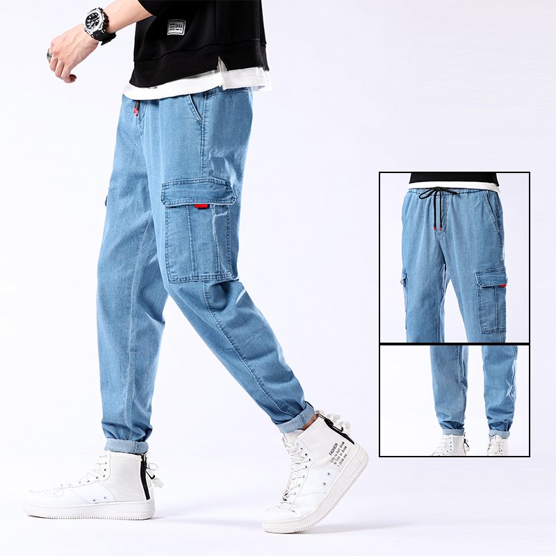 

2020 Autumn Winter Fashion Casual Solid Big Pockets Haren Jeans Denim Pants For Men, Black