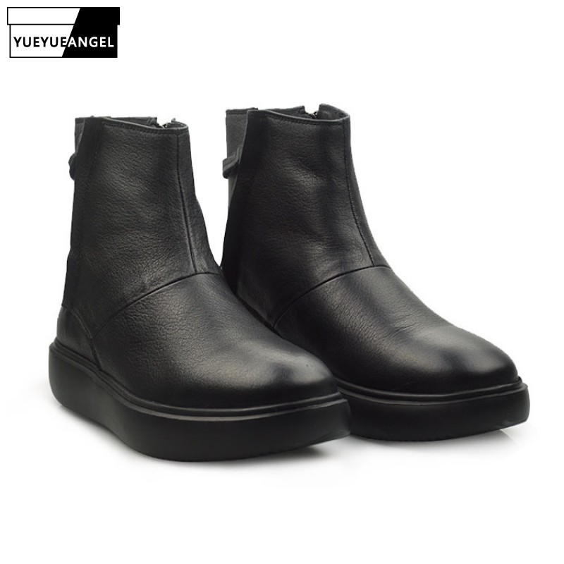 

British Winter Platform Boots Men Side Zip Round Toe Vintage Harajuku Genuine Leather Boots Punk High Top Shoes Men Black 38-44