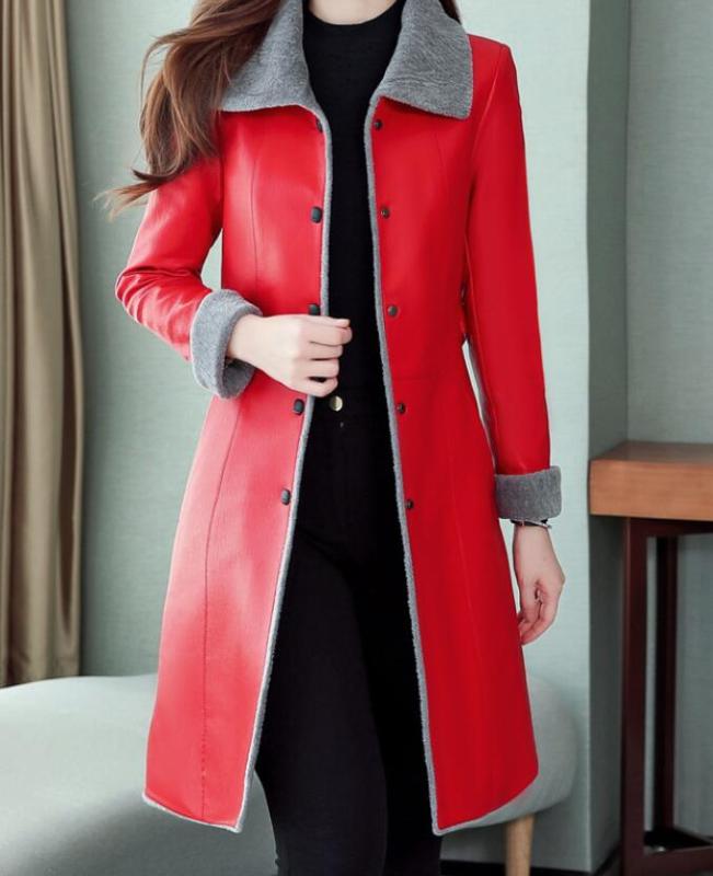 

5XL Hot 2020 Spring/Autumn Women New Fashion Long section plus velvet thickening fur integrated lambskin PU jacket, Red